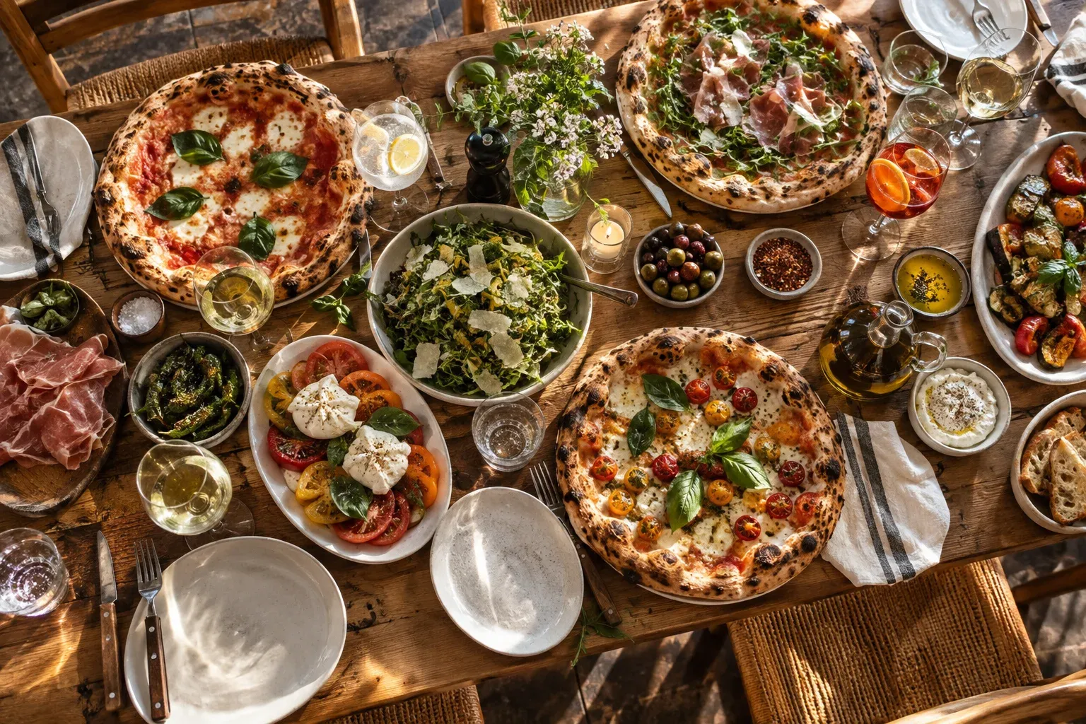 Several pizzas and fresh dishes arranged on a long wooden table