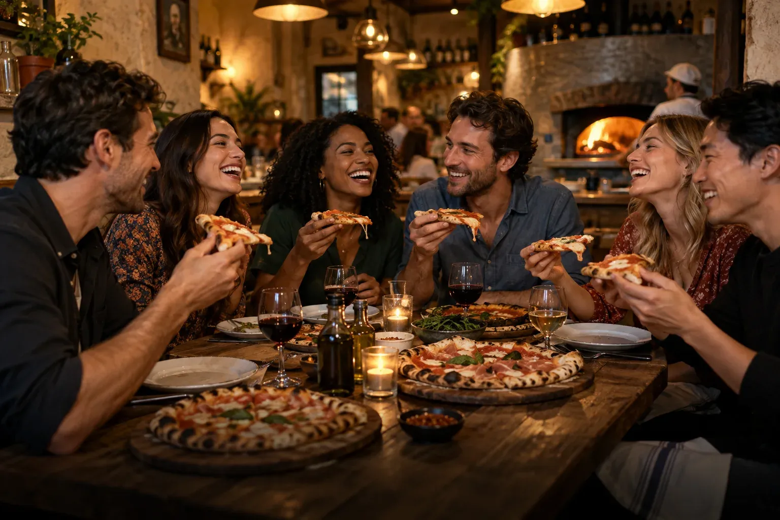 Friends laughing and sharing pizza around a restaurant table
