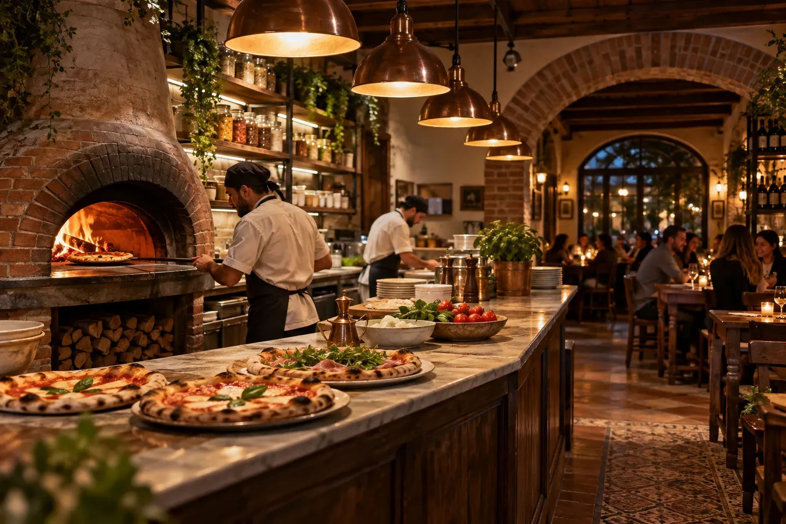Warm Fiamma-style pizzeria interior with a brick wood-fired oven