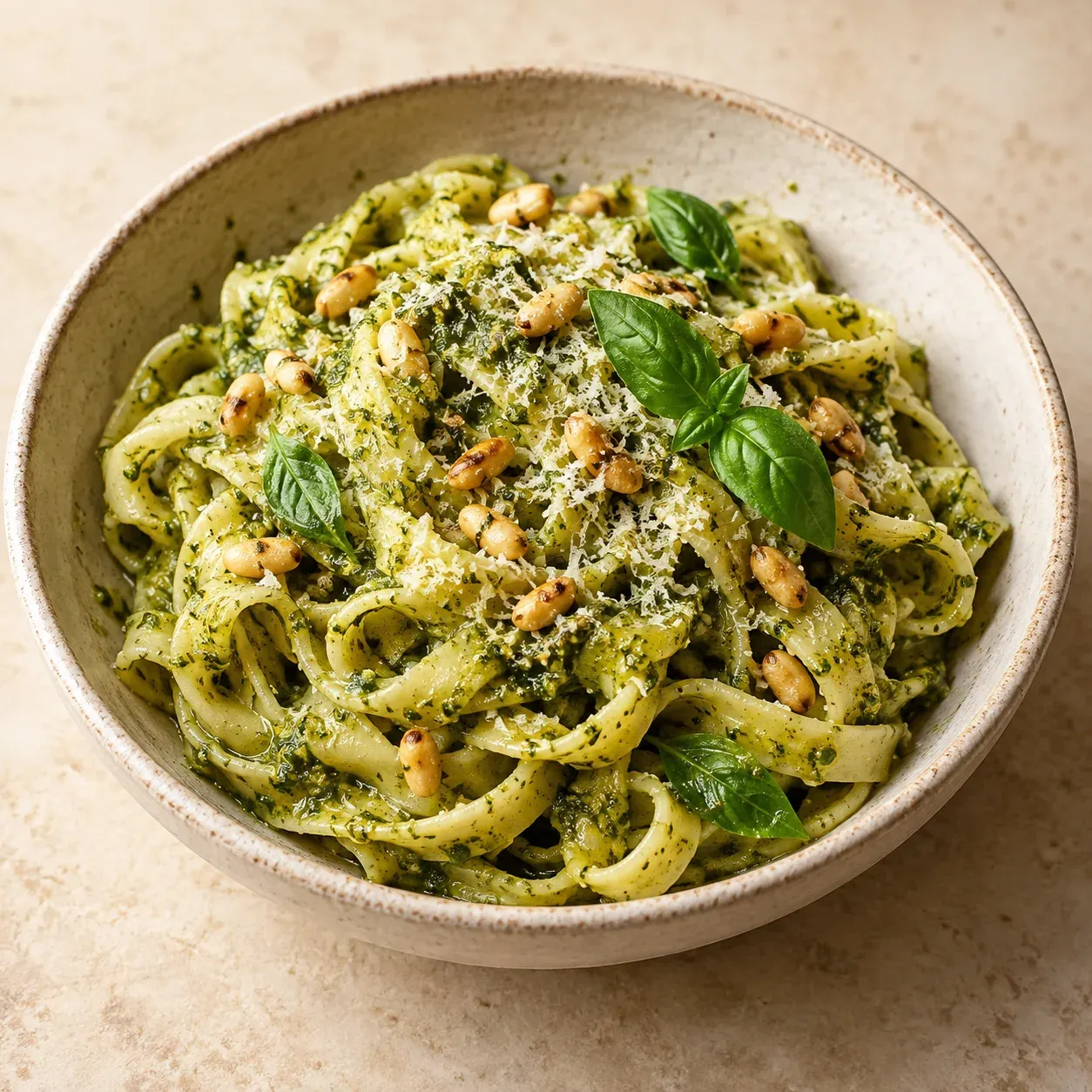 Basil pesto pasta with pine nuts and pecorino