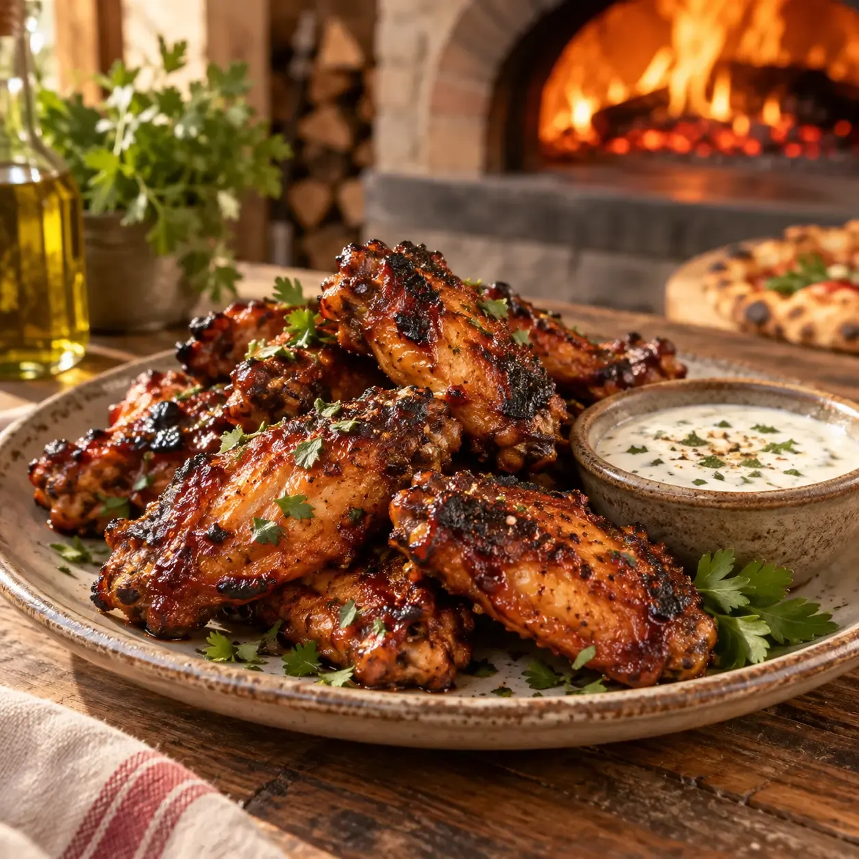 Barbecue chicken wings with dipping sauce
