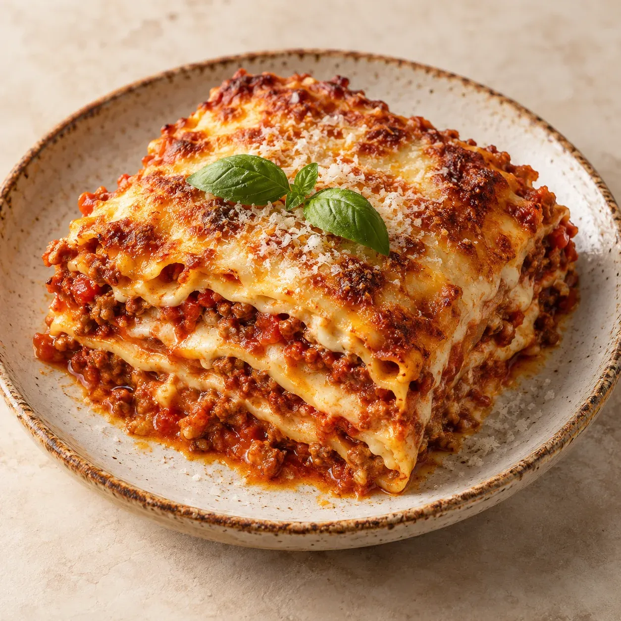 Layered Bolognese lasagna with browned parmesan