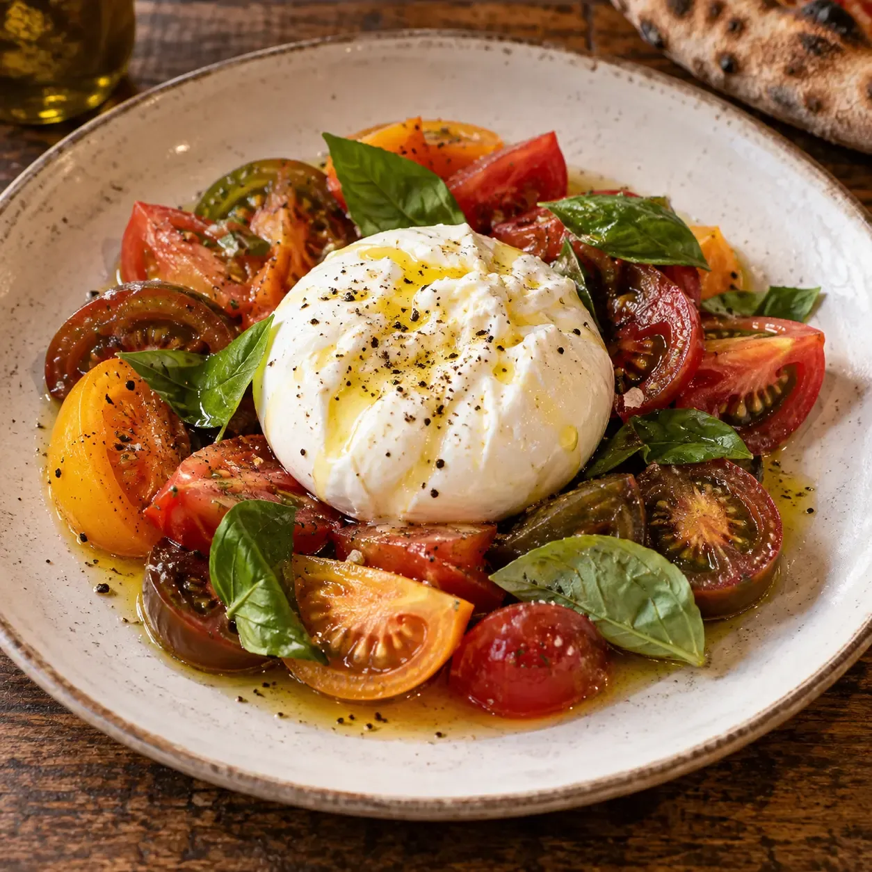 Burrata with colorful tomatoes and basil