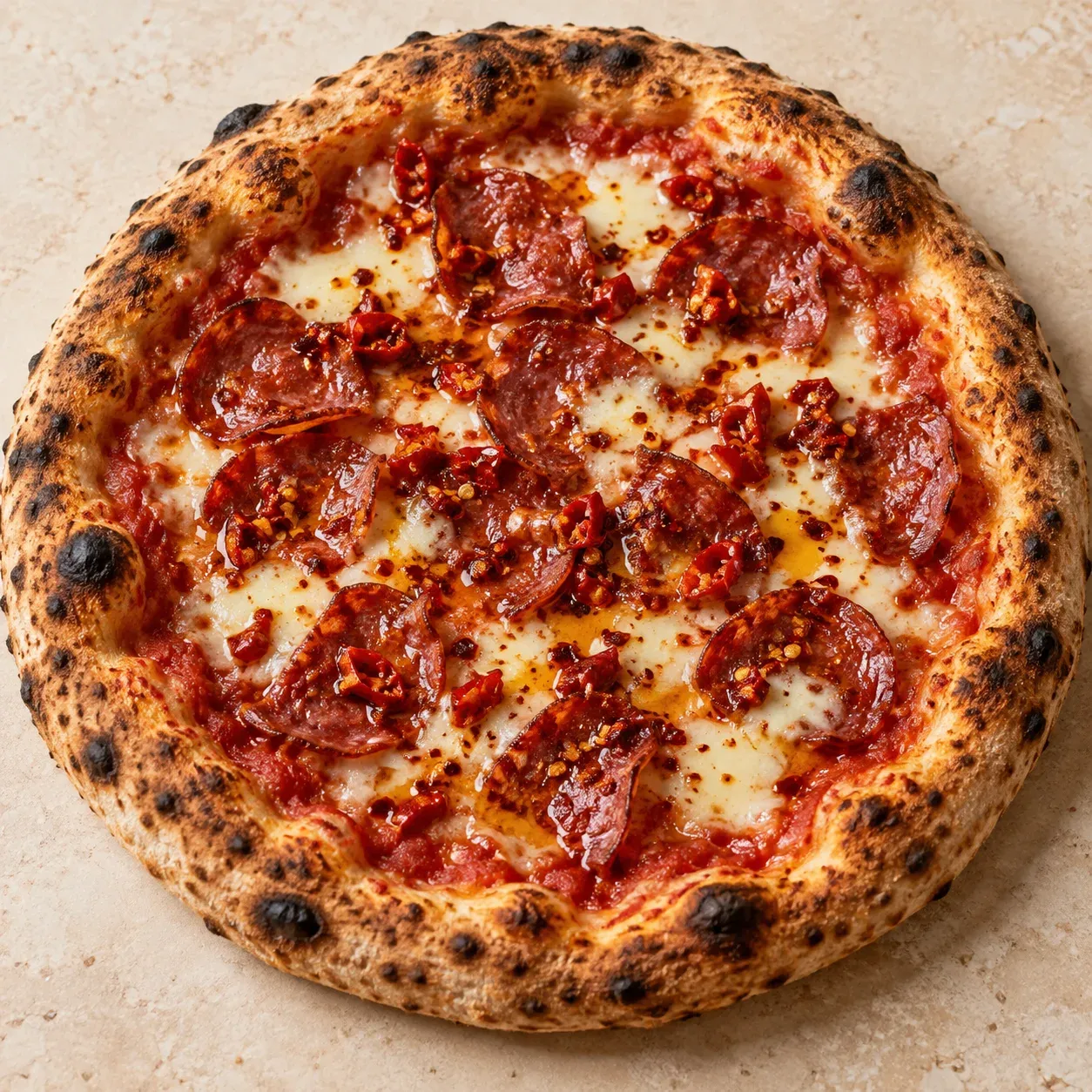Spicy Calabrese pizza with soppressata and melted mozzarella