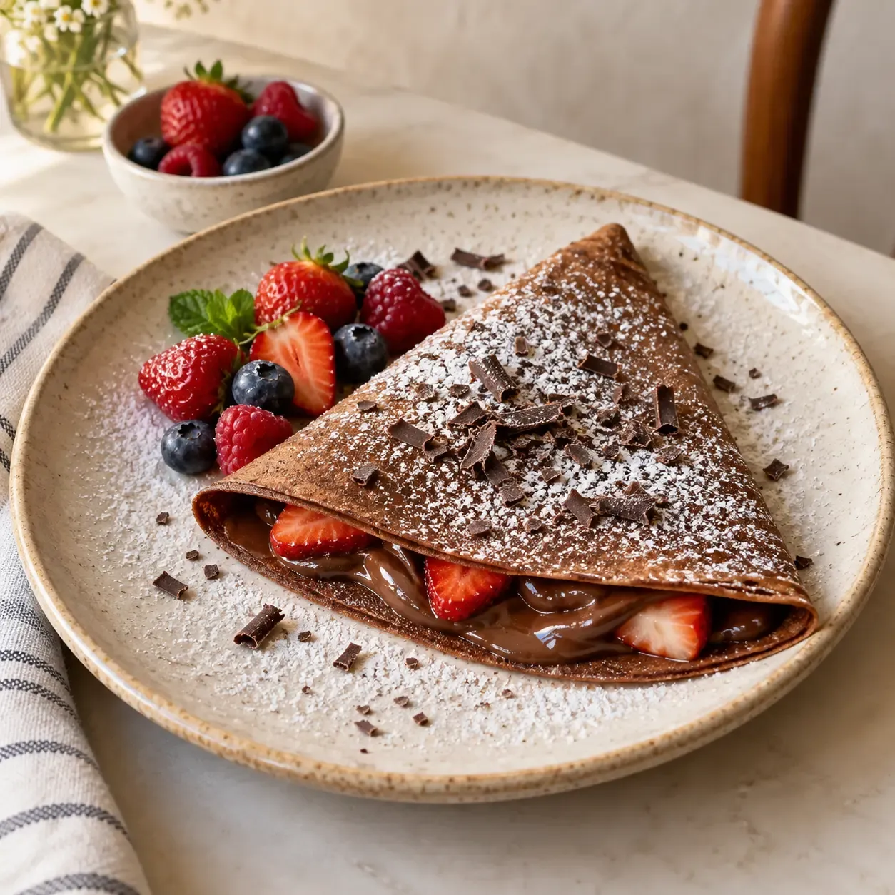 Chocolate crepe with berries and cream