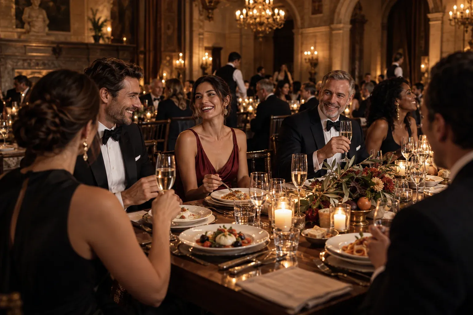 Elegant corporate gala banquet with plated Italian dishes and champagne beneath warm chandeliers