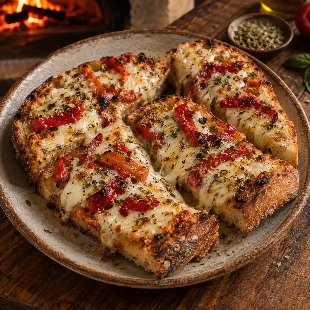 Garlic bread with melted mozzarella and tomato