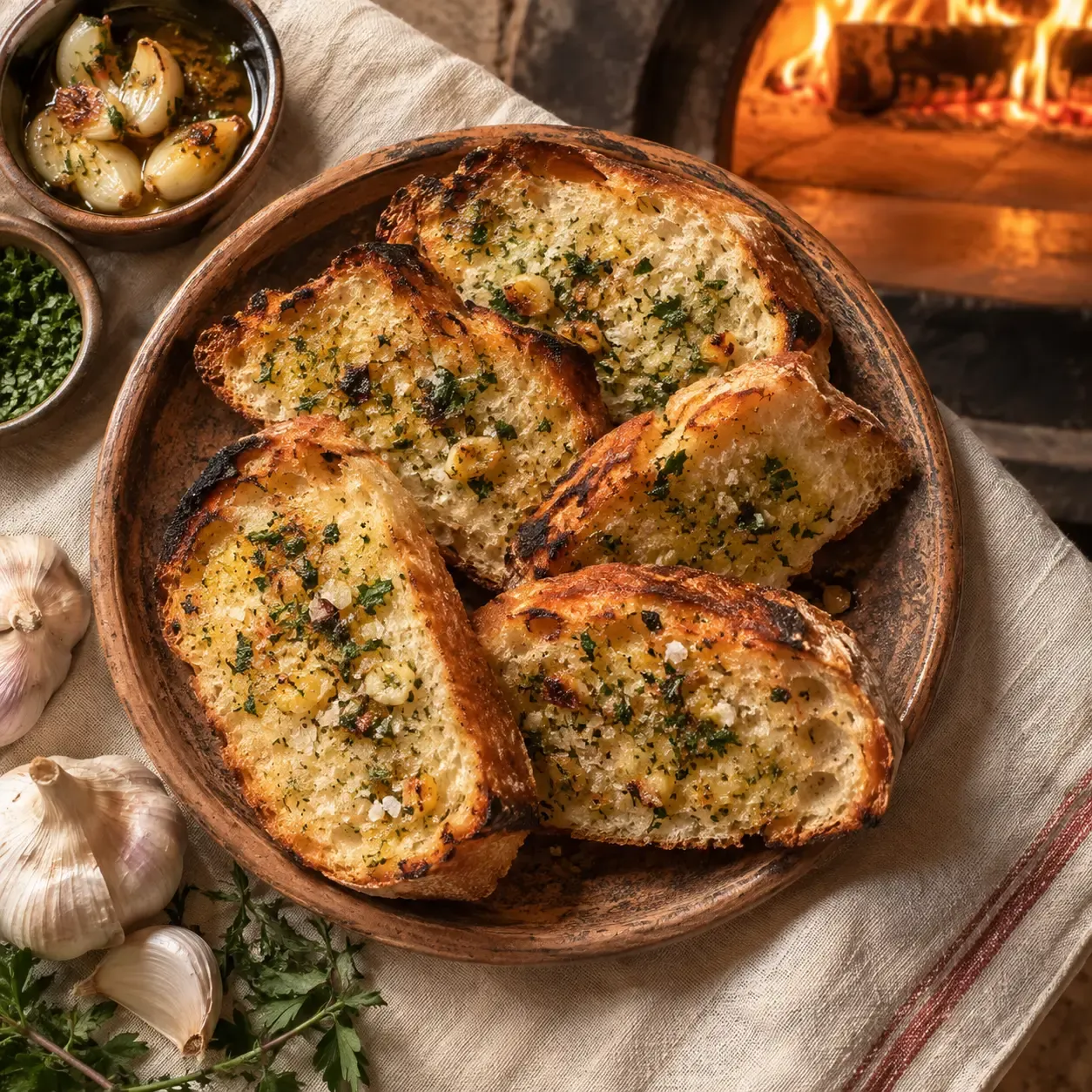 Garlic bread slices with herbs on a warm plate