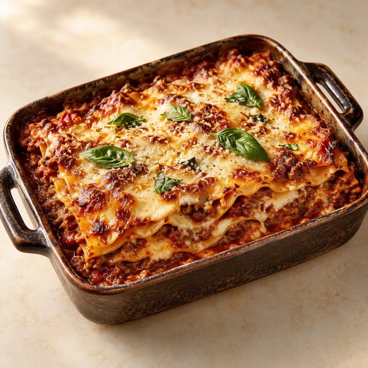 Layered beef Bolognese lasagna with bubbling cheese and fresh basil