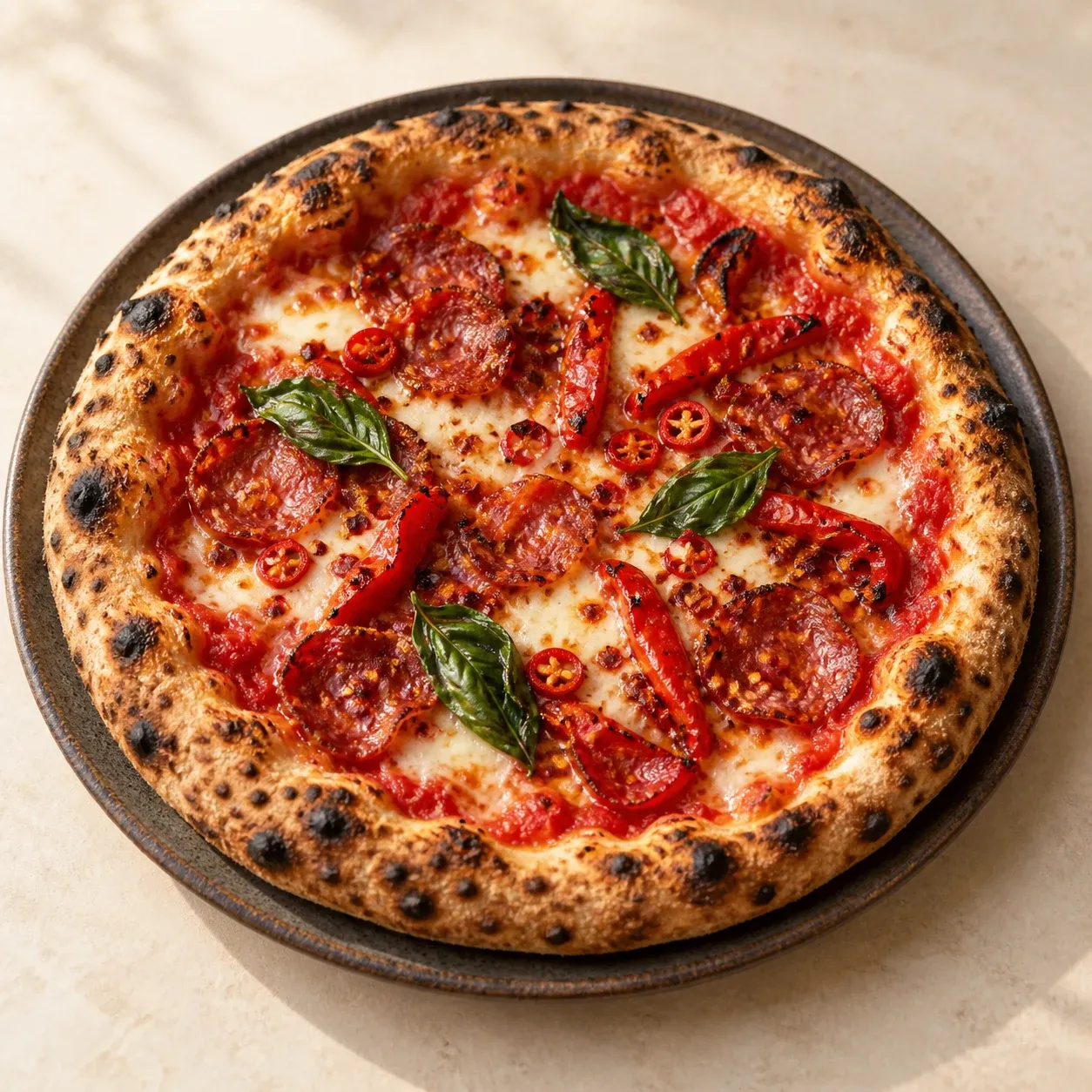 Wood-fired Calabrese pizza with spicy salami, peppers, mozzarella, and basil