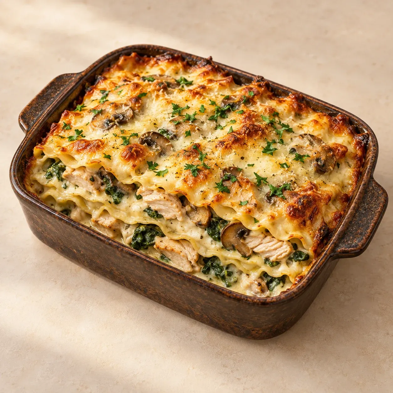 Creamy chicken lasagna layered with spinach, mushrooms, and golden cheese