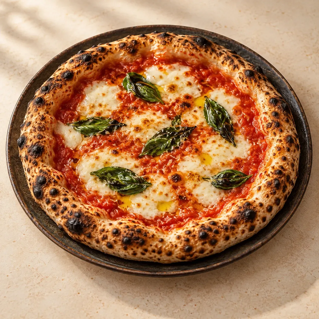 Wood-fired Margherita pizza with blistered crust, tomato, mozzarella, and basil