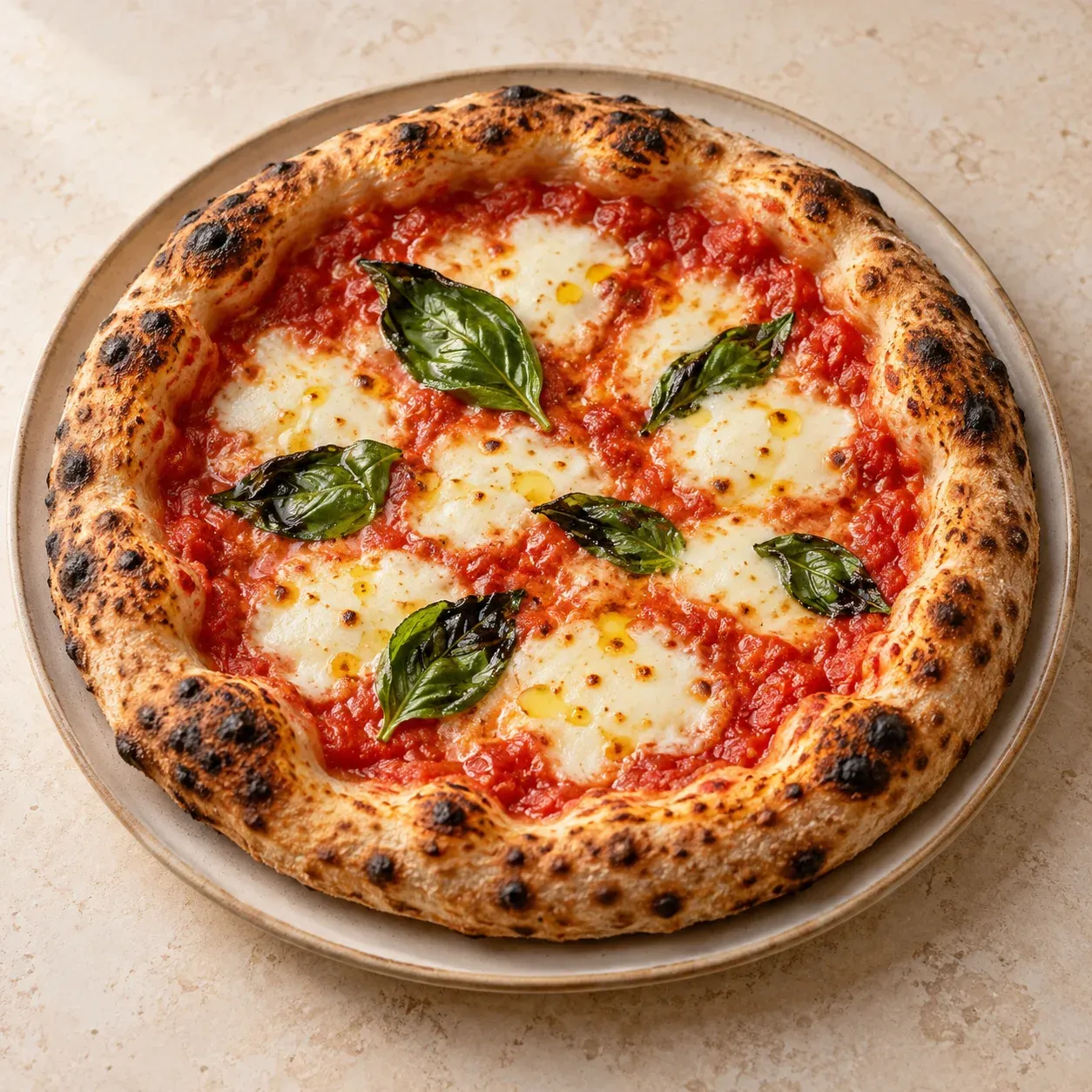 Wood-fired Margherita pizza with basil and melted cheese