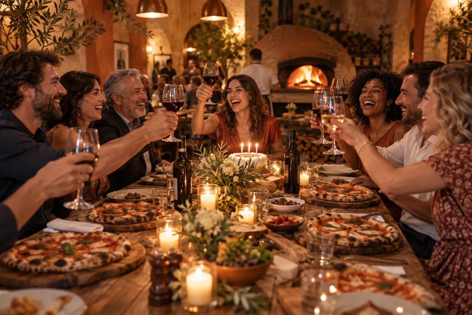 Friends laughing and raising wine glasses around a long rustic table at a milestone birthday celebration