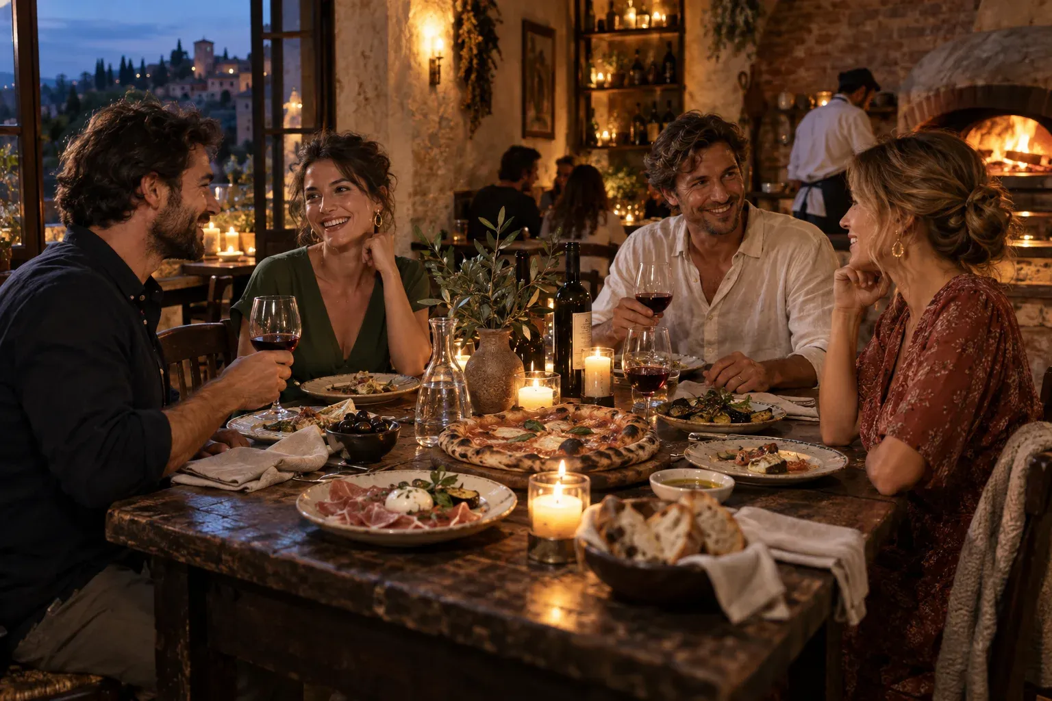 Four guests enjoying a candlelit private dinner with pizza and wine in a rustic Italian trattoria