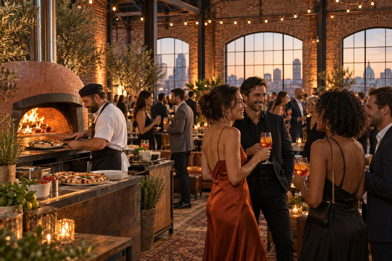 Guests mingling with spritz cocktails beside a mobile wood-fired pizza bar at an industrial product launch