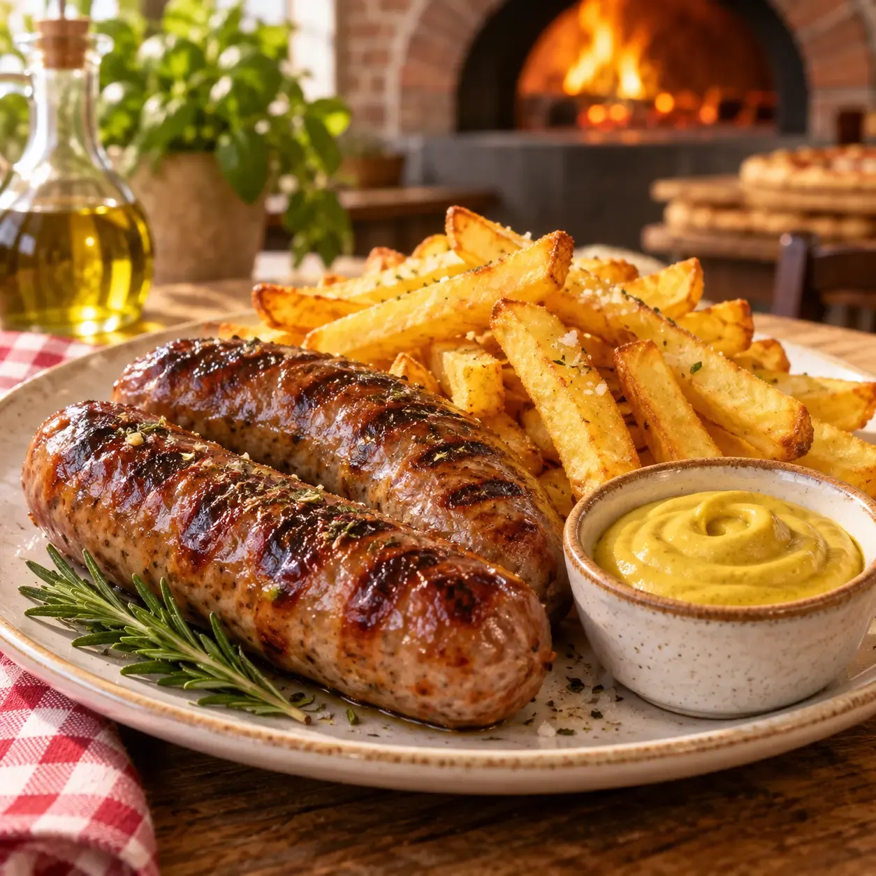 Grilled sausage served with fries