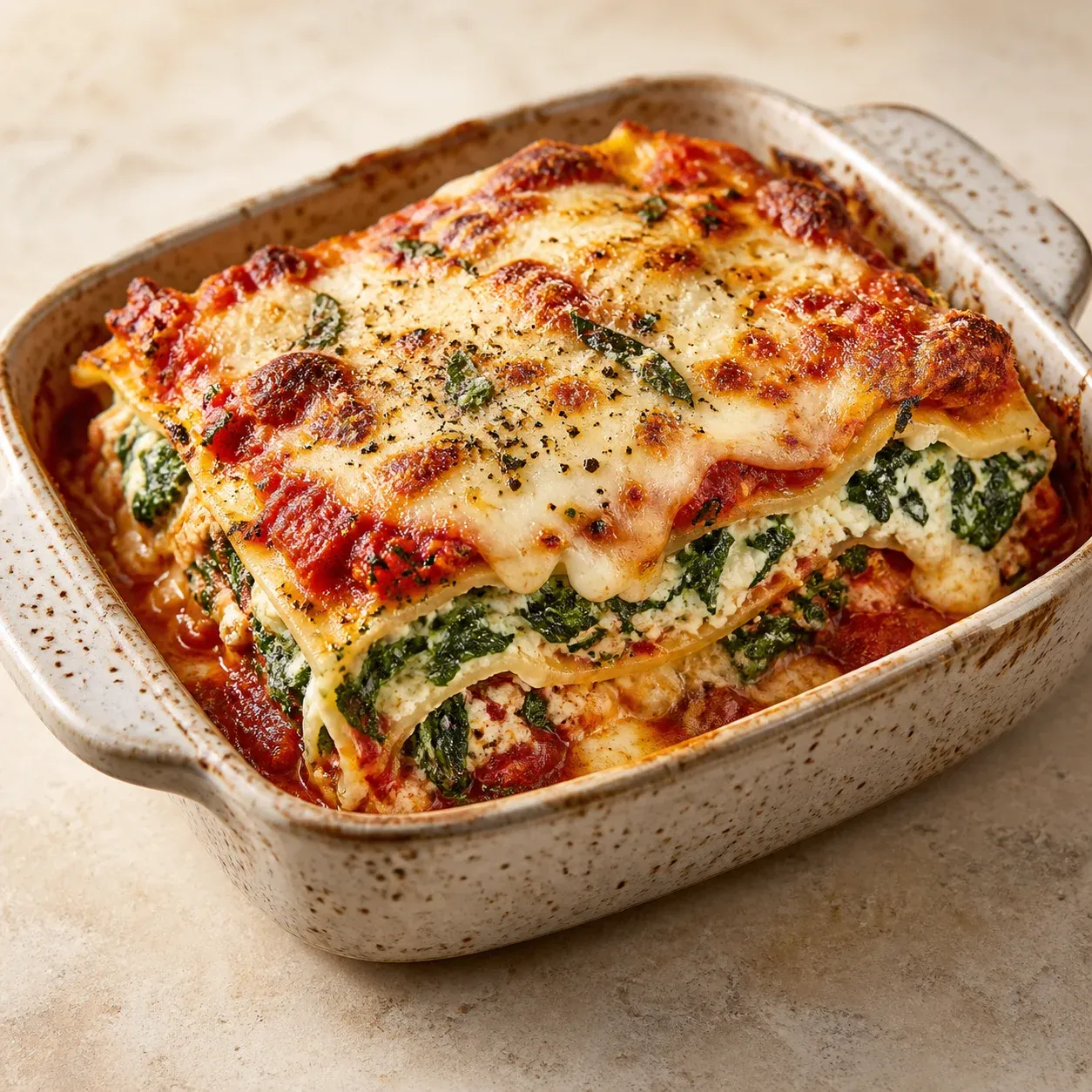 Spinach and ricotta lasagna with tomato sugo