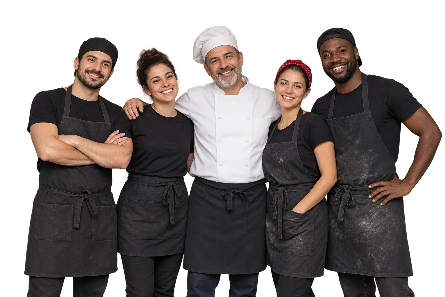 The Fiamma pizzeria team smiling together in their work aprons