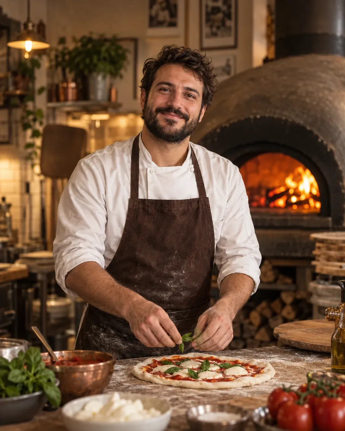 Pizzaiolo in an apron preparing pizza beside a wood-fired oven