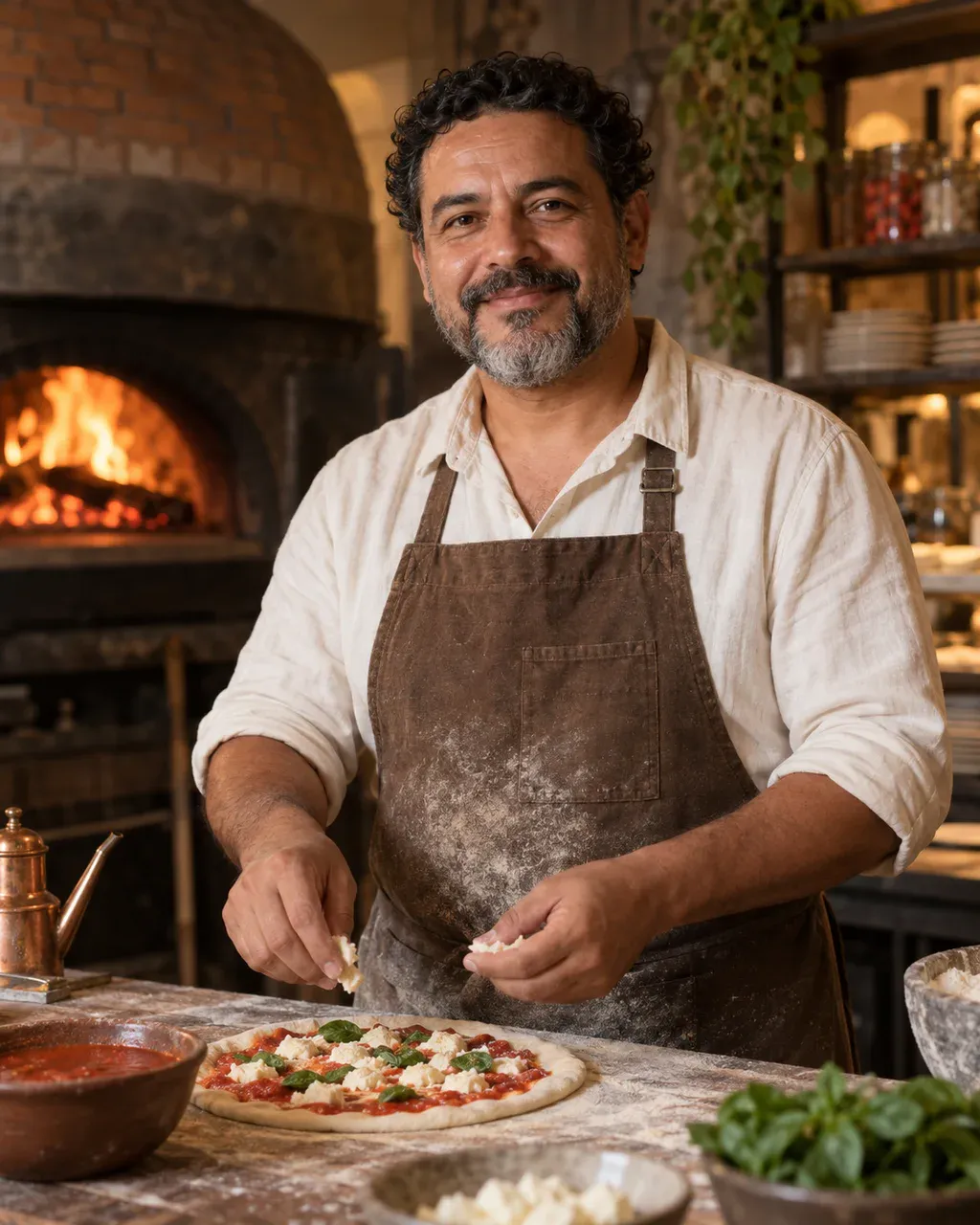 Mateo Rivas stretching pizza dough in the Fiamma kitchen
