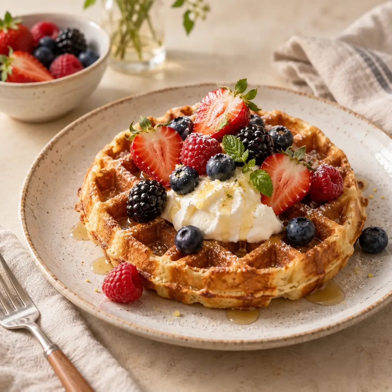 Waffle with cream and berries