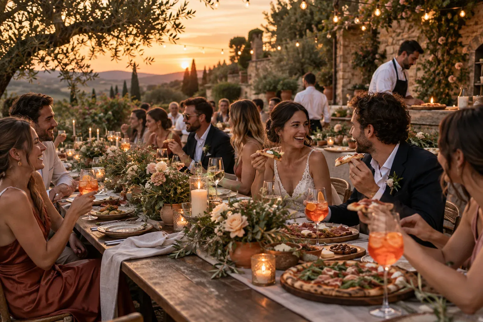 Outdoor Italian wedding reception with long tables, flowers, pizza, and spritz cocktails at golden hour